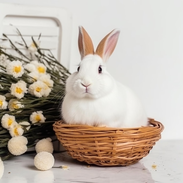 Ein Blumenkorb sitzt neben einem weißen Kaninchen.