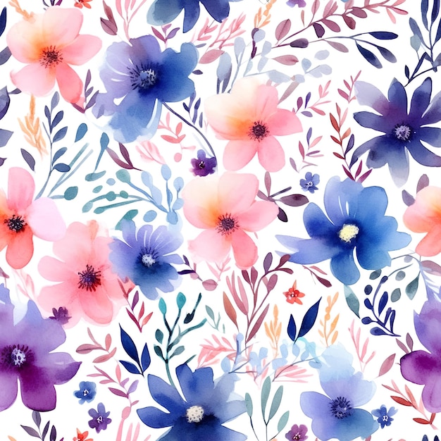 Ein Blumenmuster mit lila und blauen Blumen.