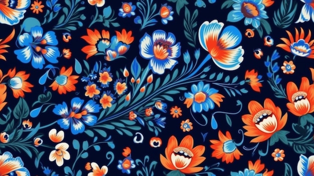 Ein Blumenmuster mit orange und blauen Blumen.