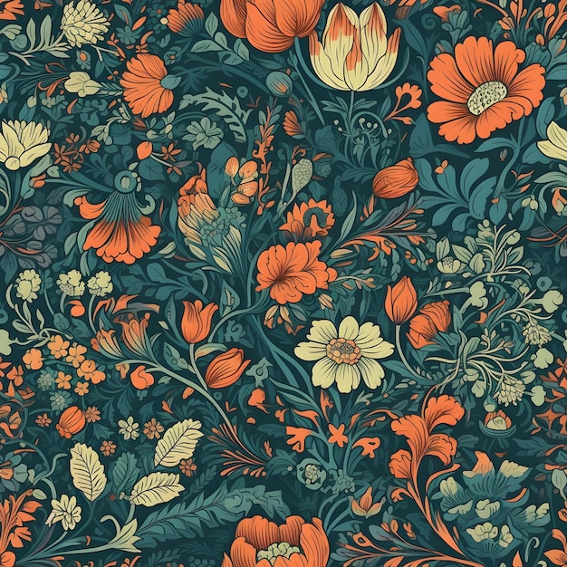 Ein Blumenmuster mit orangefarbenen und grünen Blüten und Blättern.