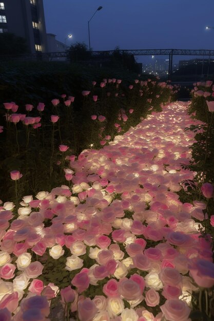 Ein Blumenpfad mit einer rosa Blume in der Mitte