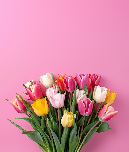 ein Blumenstrauß an Tulpen mit rosa Hintergrund