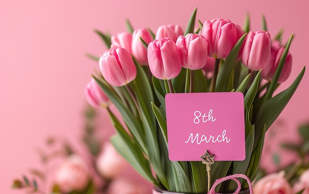 Ein Blumenstrauß aus Tulpen in einer Vase mit Glückwunsch zum Internationalen Frauentag am 8. März39