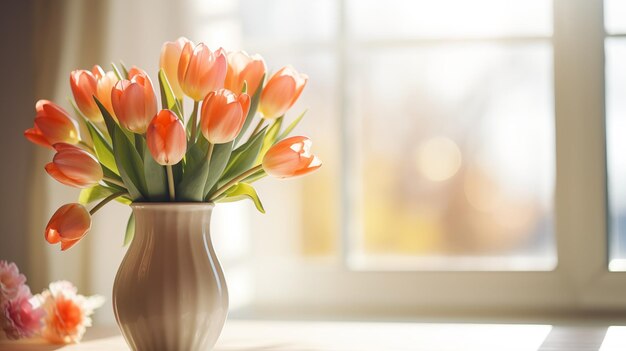 Foto ein blumenstrauß aus tulpen in einer vase mit kopierraum als grußkartenkonzept für den frauentag