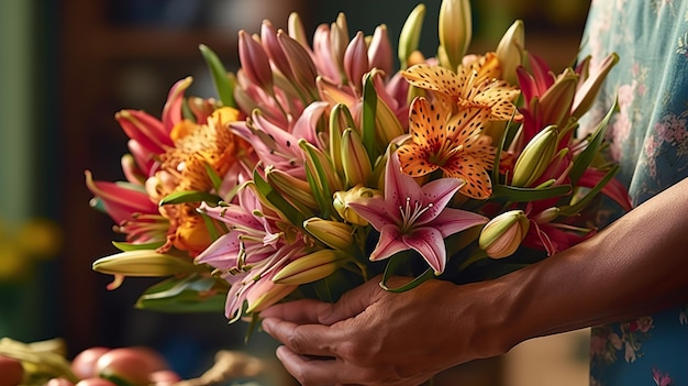 ein Blumenstrauß, der Blumen sagt, wird in jemandes Händen gehalten