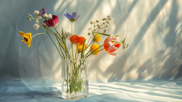 Ein Blumenstrauß im Frühling in einer Glasvase auf hellem Hintergrund