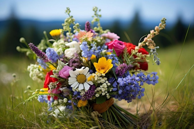 Foto ein blumenstrauß in einem grasfeld