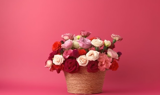 Ein Blumenstrauß in einem Strohkorb auf einem leuchtend roten Hintergrund Leerer Kopierraum Valentinstagskonzept Seitenansicht Erstellt durch generative KI-Tools