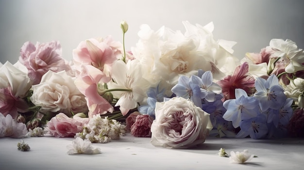 Ein Blumenstrauß mit blauen, rosa und weißen Blumen auf einem weißen Hintergrund.
