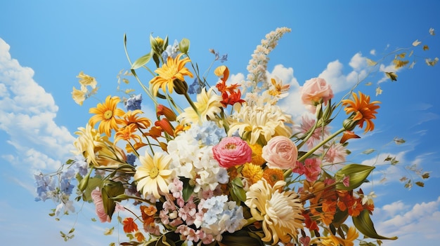 Ein Blumenstrauß mit einem blauen Himmel im Hintergrund