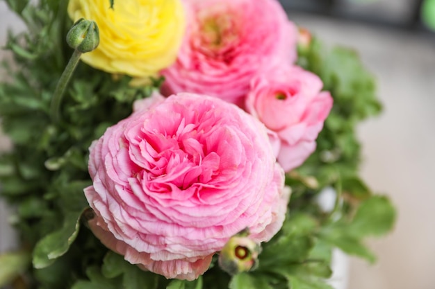 Ein Blumenstrauß mit einem grünen Blatt in der Mitte