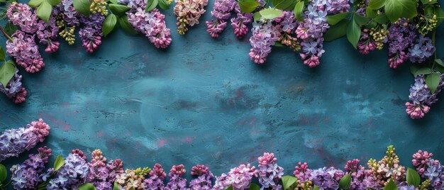 Ein Blumenstrauß mit Lila-Magnolien und Hunderosen in einem schäbigen Holzrahmen mit Platz für ein Foto oder einen Text