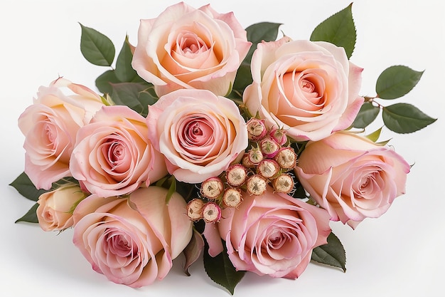 Ein Blumenstrauß mit Rosen auf weißem Hintergrund, Blume mit rosa-goldem Arrangement