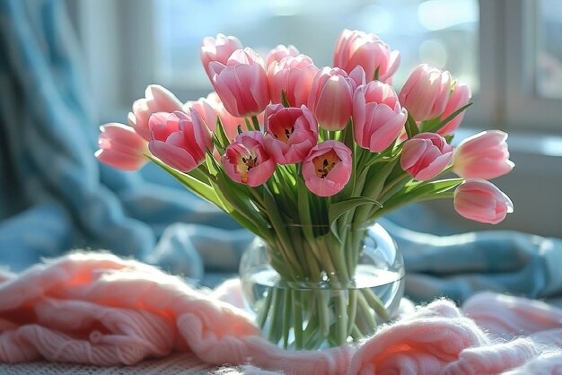 Ein Blumenstrauß rosa Tulpen in einer Vase auf dem Tisch Frühlingskonzept