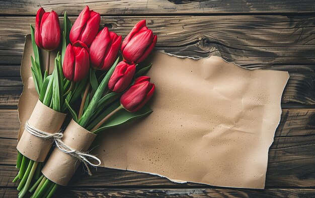 Ein Blumenstrauß roter Tulpen, gewickelt in braunes Papier, Grüßkarte für den Muttertag, Kopierplatz