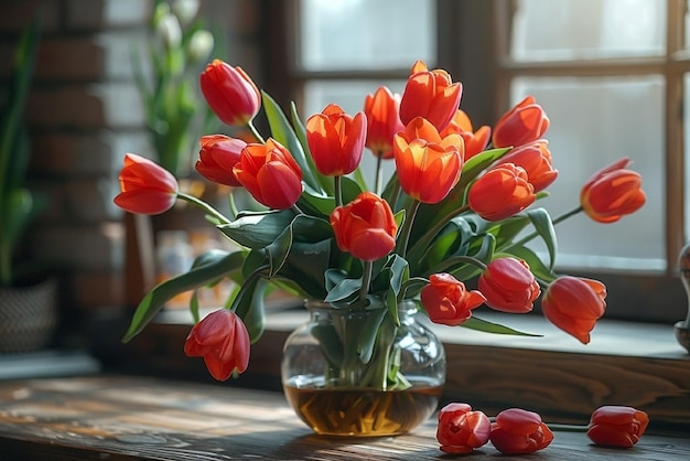 Ein Blumenstrauß roter Tulpen in einer Vase auf dem Tisch Frühlingskonzept