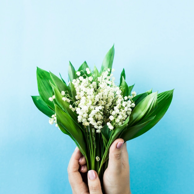 Ein Blumenstrauß von Maiglöckchen in den weiblichen Händen auf einem blauen Hintergrund