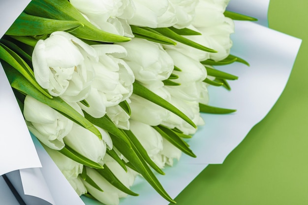Ein Blumenstrauß weißer Tulpen auf einem pastellgrünen Hintergrund Blütenblumen festliches Konzept