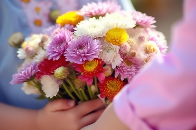 Ein Blumenstrauß wird von einem Kind gehalten.