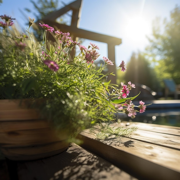 Ein Blumentopf auf einer Holzterrasse mit einem Pool im Hintergrund