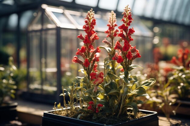 Foto ein blumentopf mit roten blumen darin