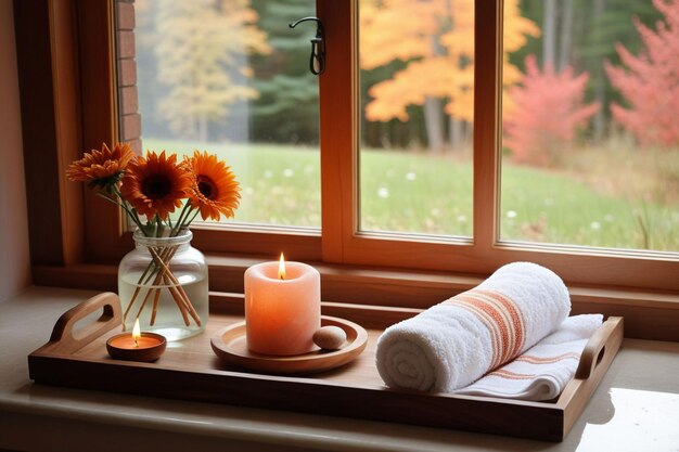 Ein Blumentopf und ein Holzplatt mit Kerzen und Salzsteinen neben einem Fenster im Herbst