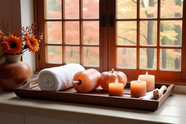 Ein Blumentopf und ein Holzplatt mit Kerzen und Salzsteinen neben einem Fenster im Herbst