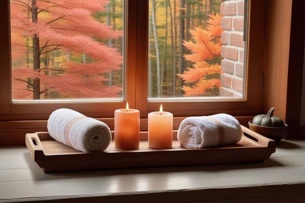 Ein Blumentopf und ein Holzplatt mit Kerzen und Salzsteinen neben einem Fenster im Herbst