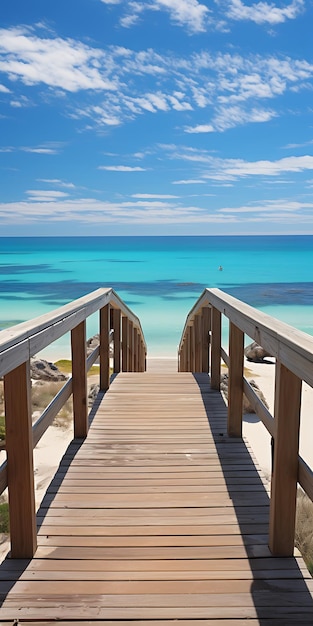 ein Boardwalk führt zu einem Strand mit einem blauen Himmel und einem Boot im Hintergrund