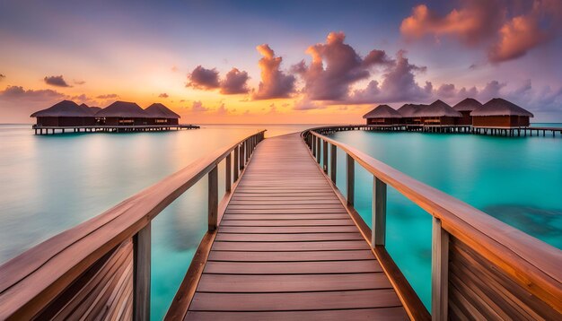 ein Boardwalk führt zu einem Strand mit Häusern am Horizont