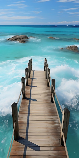 ein Boardwalk ist aus Holz gefertigt und hat einen blauen Wasserhintergrund