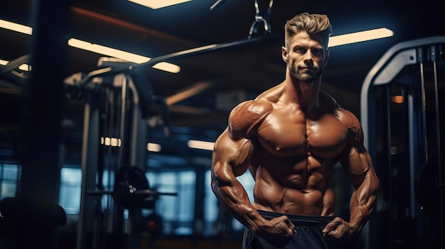 Ein Bodybuilder mit großen Muskeln steht im Fitnessstudio