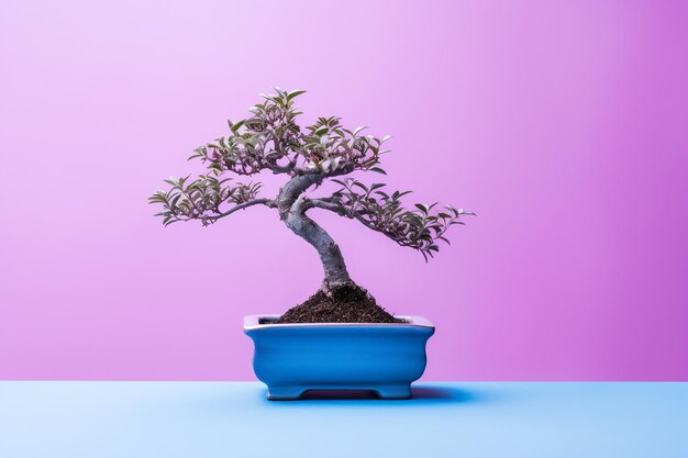 Ein Bonsai-Baum in einem blauen Topf auf rosa Hintergrund