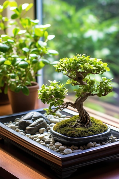 Foto ein bonsai-baum in einem tablett