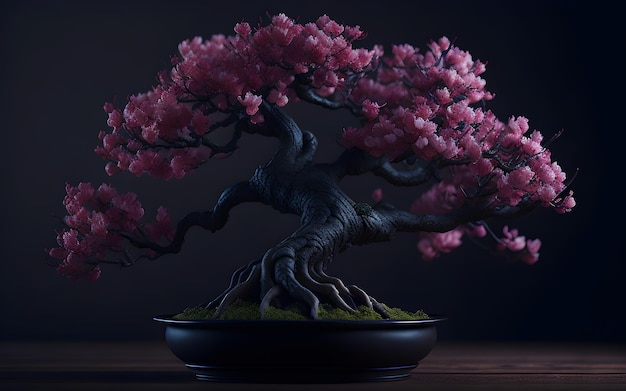 Ein Bonsai-Baum mit rosa Blüten an der Unterseite