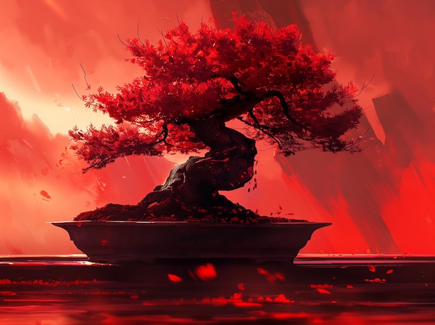 Ein Bonsai-Baum steht inmitten einer Kaskade aus Rubinlicht
