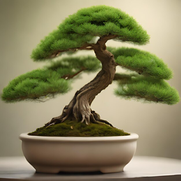 ein Bonsai-Baum wird in einem weißen Topf ausgestellt