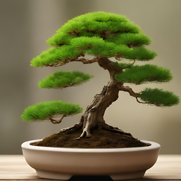 ein Bonsai-Baum wird in einem weißen Topf gezeigt