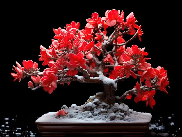 Foto ein bonsai mit roten blüten im schnee