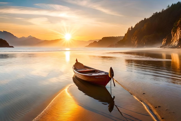 Ein Boot am Strand bei Sonnenuntergang, dahinter die untergehende Sonne