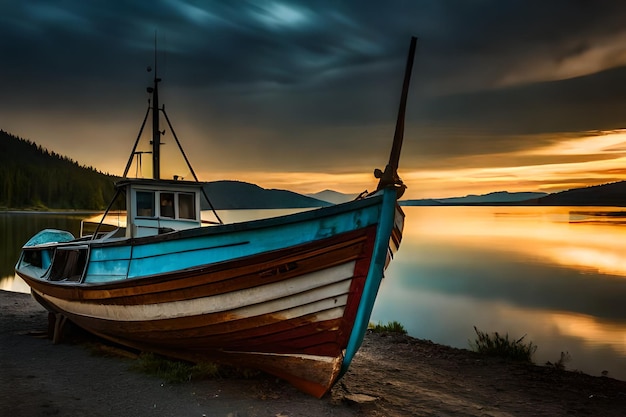 Ein Boot am Ufer bei Sonnenuntergang