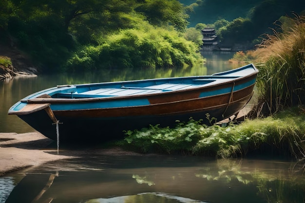 Ein Boot am Ufer mit einem Boot im Hintergrund