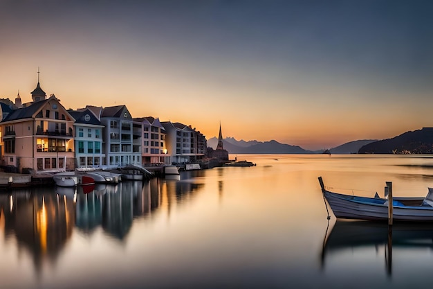 Foto ein boot an einem hafen mit einem berg im hintergrund angedockt.