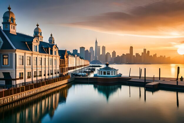 ein Boot an einem Hafen mit einer Stadt im Hintergrund angedockt.