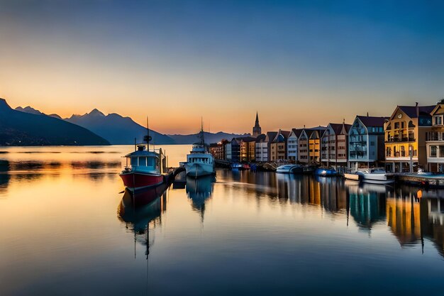 Foto ein boot an einem pier mit einem berg im hintergrund angedockt.