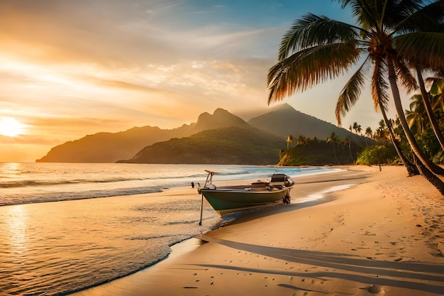 Ein Boot an einem Strand mit Palmen im Hintergrund