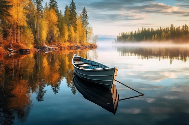 Ein Boot auf dem See mit einem Wald im Hintergrund