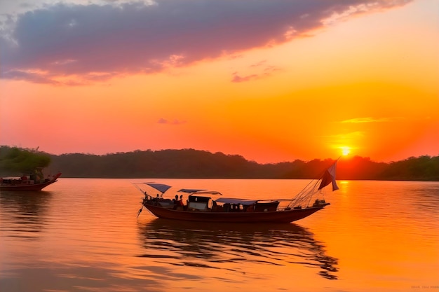 Ein Boot auf dem Wasser bei Sonnenuntergang