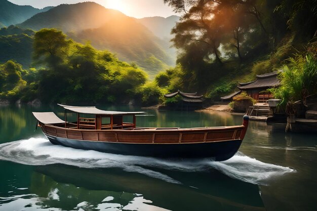 Ein Boot auf dem Wasser mit Berghintergrund
