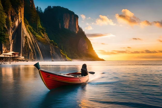 Ein Boot auf dem Wasser mit einem Sonnenuntergang im Hintergrund